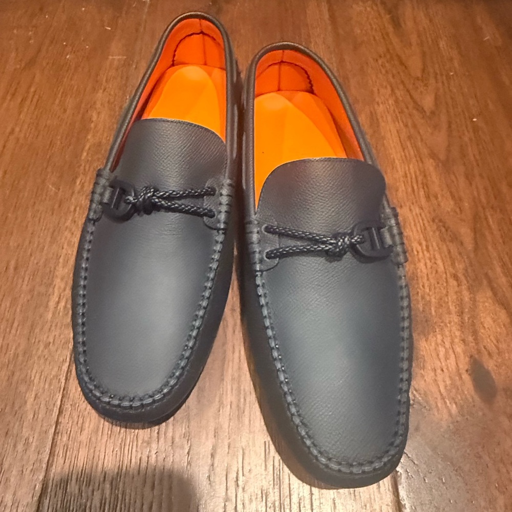 AUTHENTIC MENS HERMES ALLESANDRO LEATHER LOAFERS, SIZE US 9.5, NAVY - Picture 2 of 15